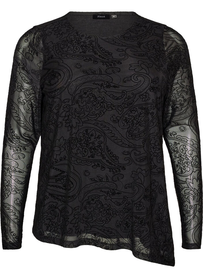 Verkkopusero paisleykuviolla ja ep&auml;symmetrisell&auml; helmalla, Musta, Packshot image number 0