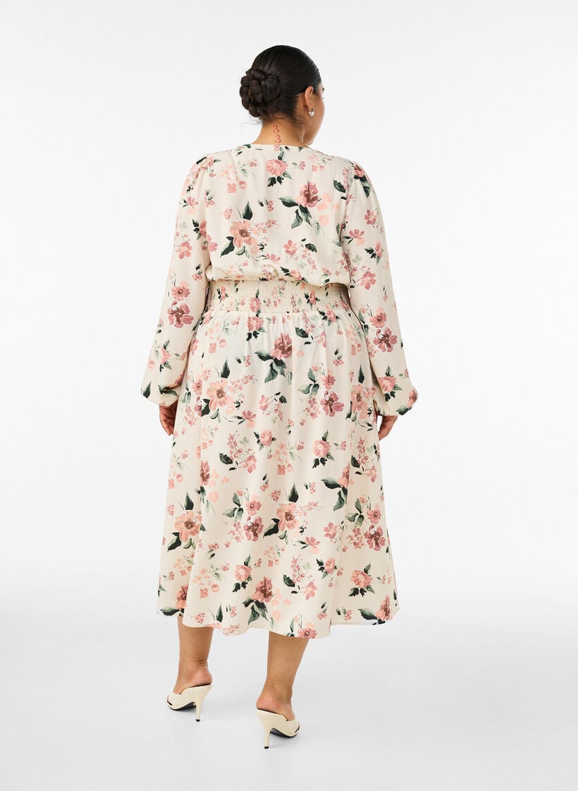 Midi-mekko smockilla ja koristeellisilla napeilla, Beige, Model image number 1