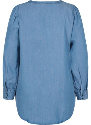 Pitkähihainen paita v-aukolla ja röyhelöllä, Blue denim, Packshot image number 1
