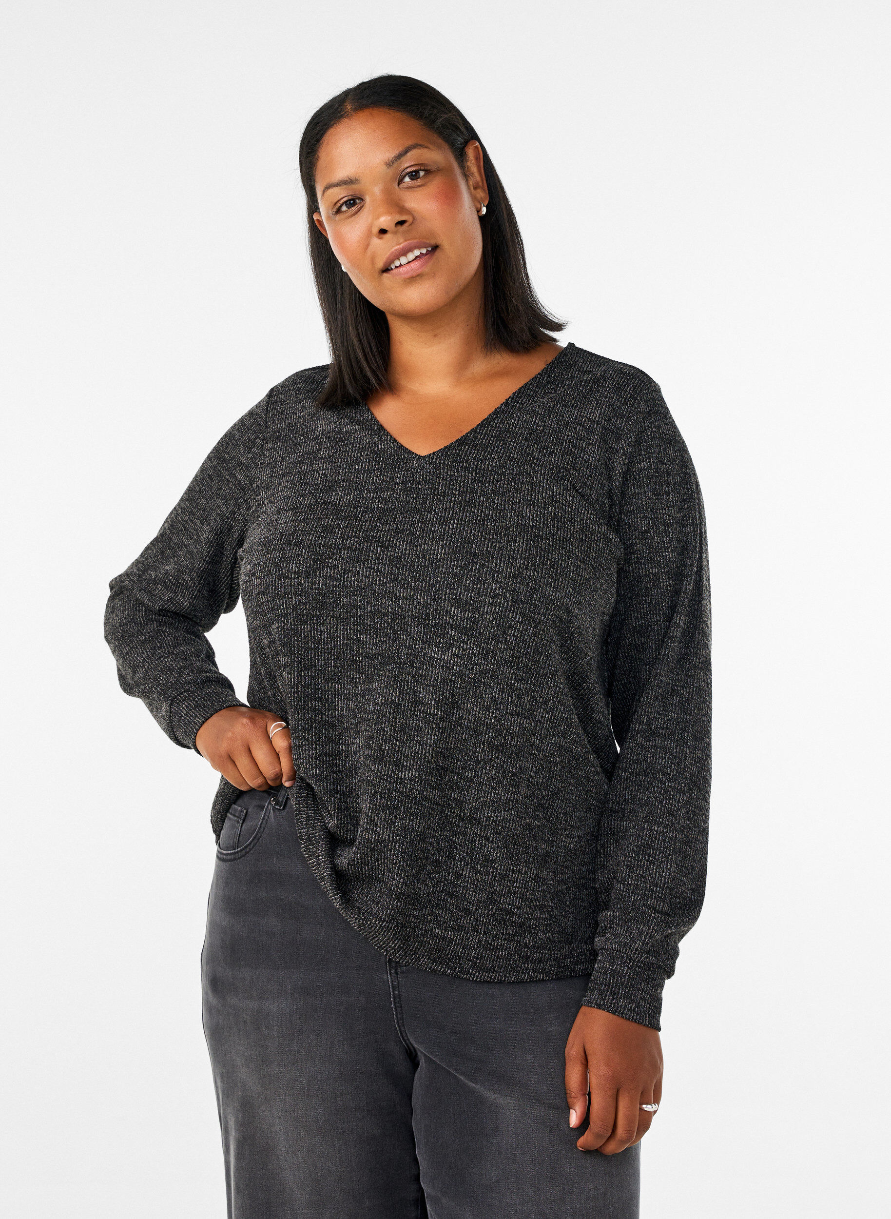 ZizziJerseypusero V-p&auml;&auml;ntiell&auml; ja pitk&auml;t hihat, Musta, Model image number 0
