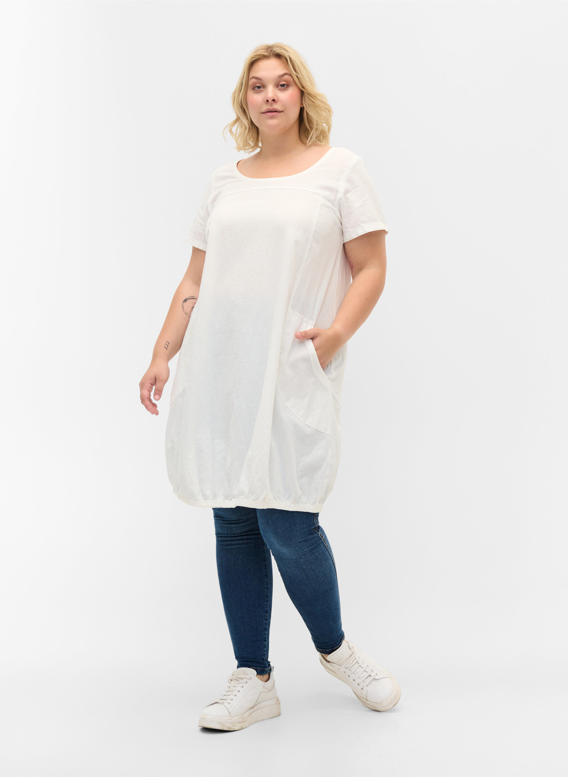 ZizziLyhythihainen puuvillamekko , Valkoinen, Model image number 1