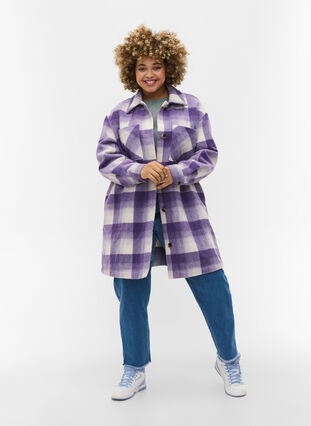 Ruudullinen paitatakki napeilla ja taskuilla , Purple Check, Model image number 2