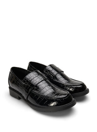 Leveälestiset krokotiilikuvioiset loaferit nahkaa, Black, Packshot image number 1