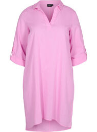 Puuvillasta ja pellavasta valmistettu raidallinen mekko, Begonia Pink