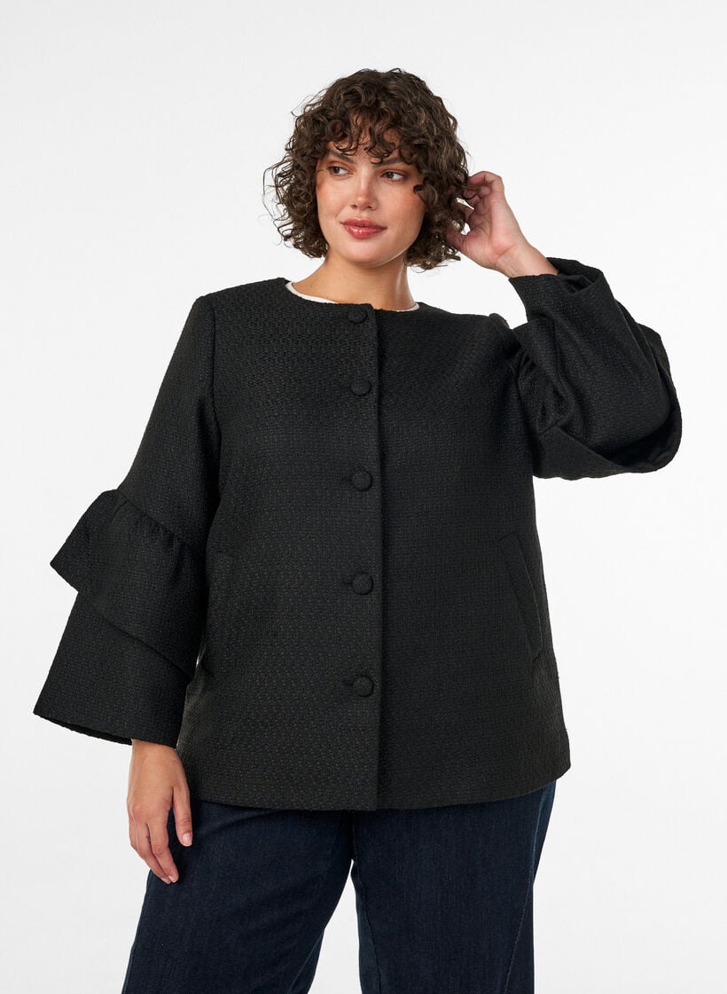 Boucl&eacute;-takki r&ouml;yhel&ouml;yksityiskohdilla, Musta, Model image number 0