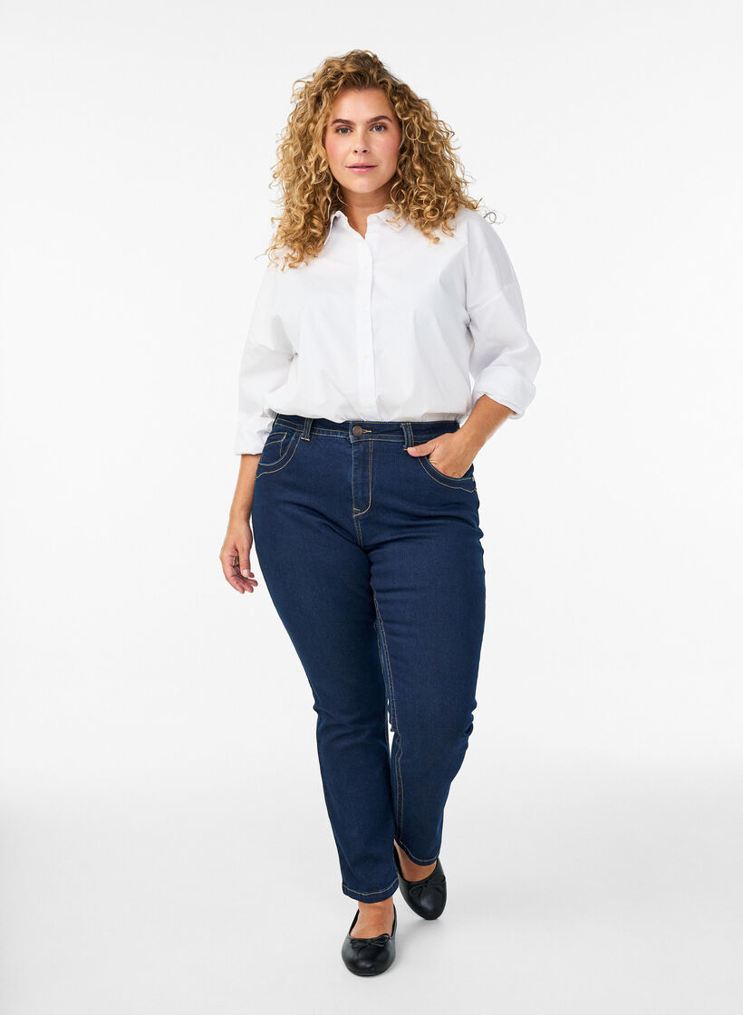 Slim fit Vilma-farkut korkealla vy&ouml;t&auml;r&ouml;ll&auml;, Sininen, Model image number 0