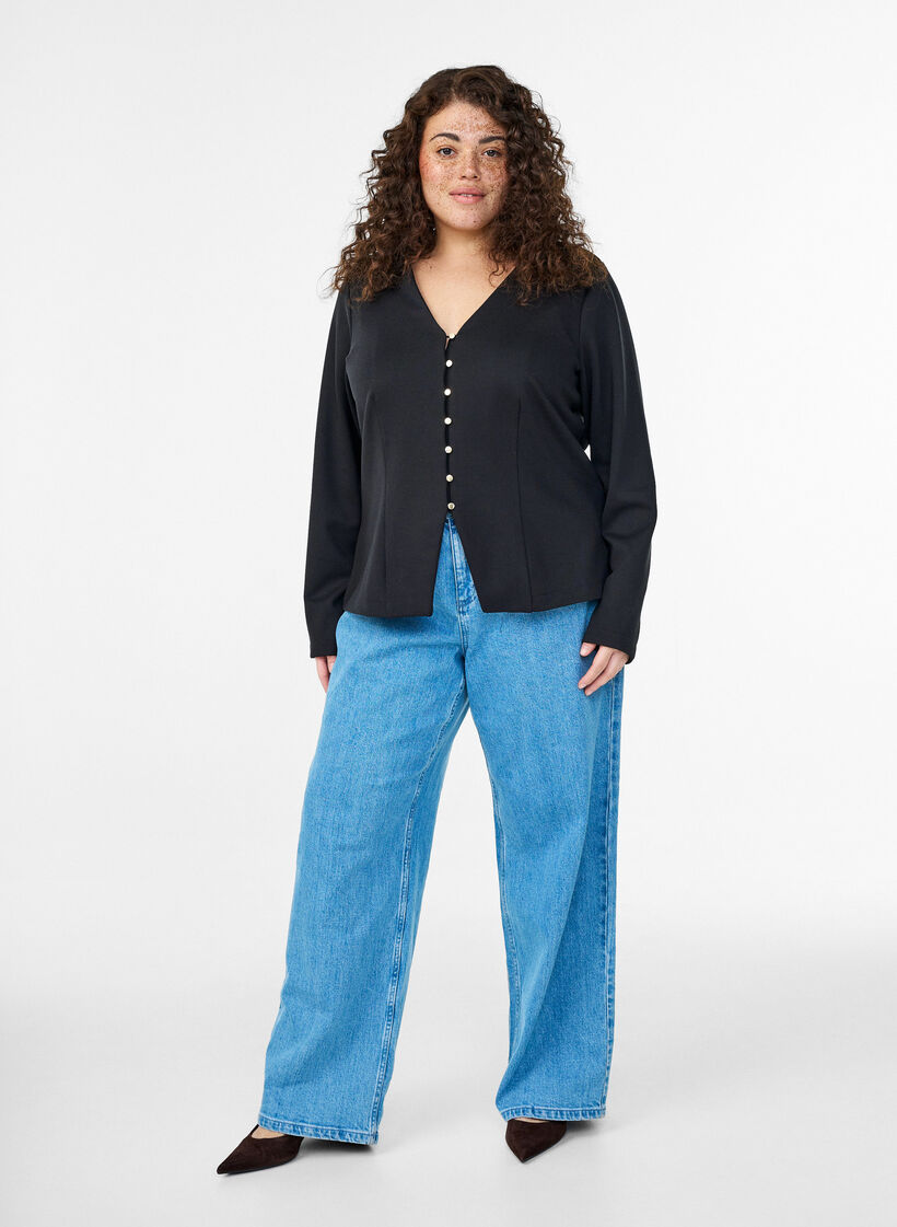 V-aukollinen neuletakki kultavärisillä napeilla, Musta, Model image number 1