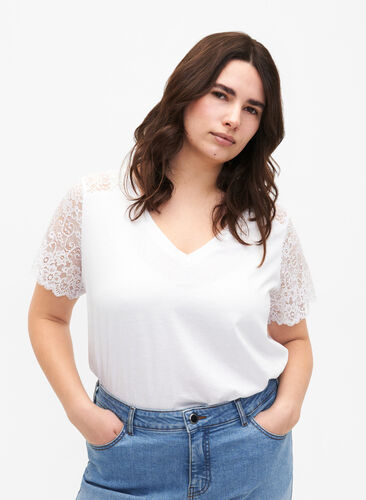 Puuvillainen t-paita lyhyillä pitsihihoilla, Bright White, Model image number 0