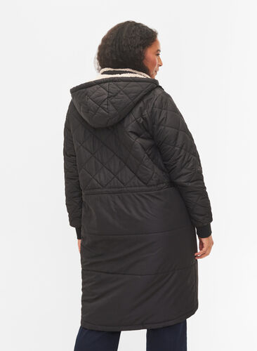 Tikattu takki hupulla ja säädettävällä vyötäröllä, Black, Model image number 1