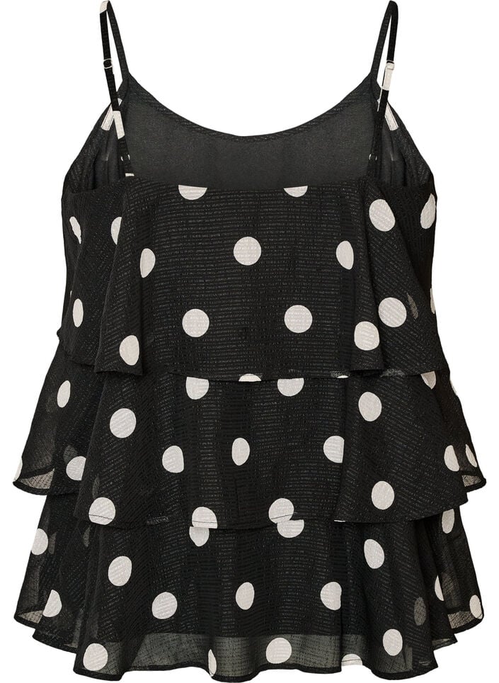 Kerrostettu toppi r&ouml;yhel&ouml;ill&auml; ja spagettiolkaimilla, Musta, Packshot