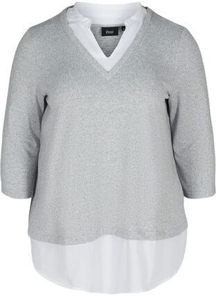 Meleerattu pusero 3/4-hihoilla ja paitayksityiskohdalla, Light Grey Melange, Packshot image number 0