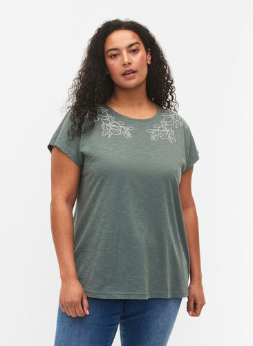 Puuvillainen t-paita lehtiprintillä, Balsam Green Leaf, Model image number 0