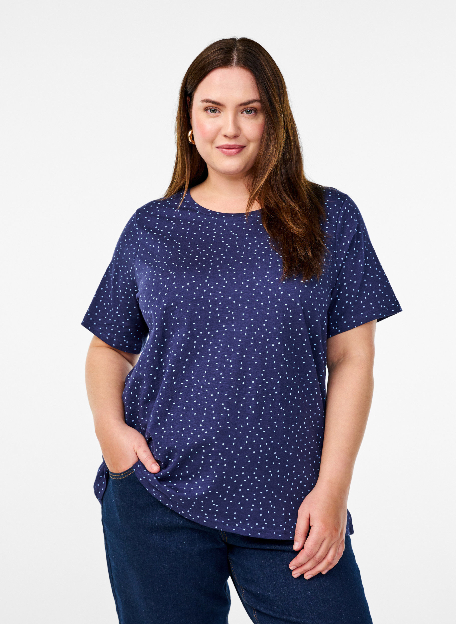 Zizzi Luomupuuvillainen T-paita pilkuilla, Sininen, Model image number 0