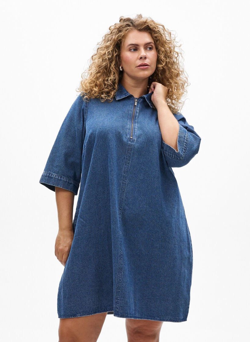 Lyhyt farkkumekko vetoketjulla ja 3/4-hihoilla, Sininen, Model image number 0