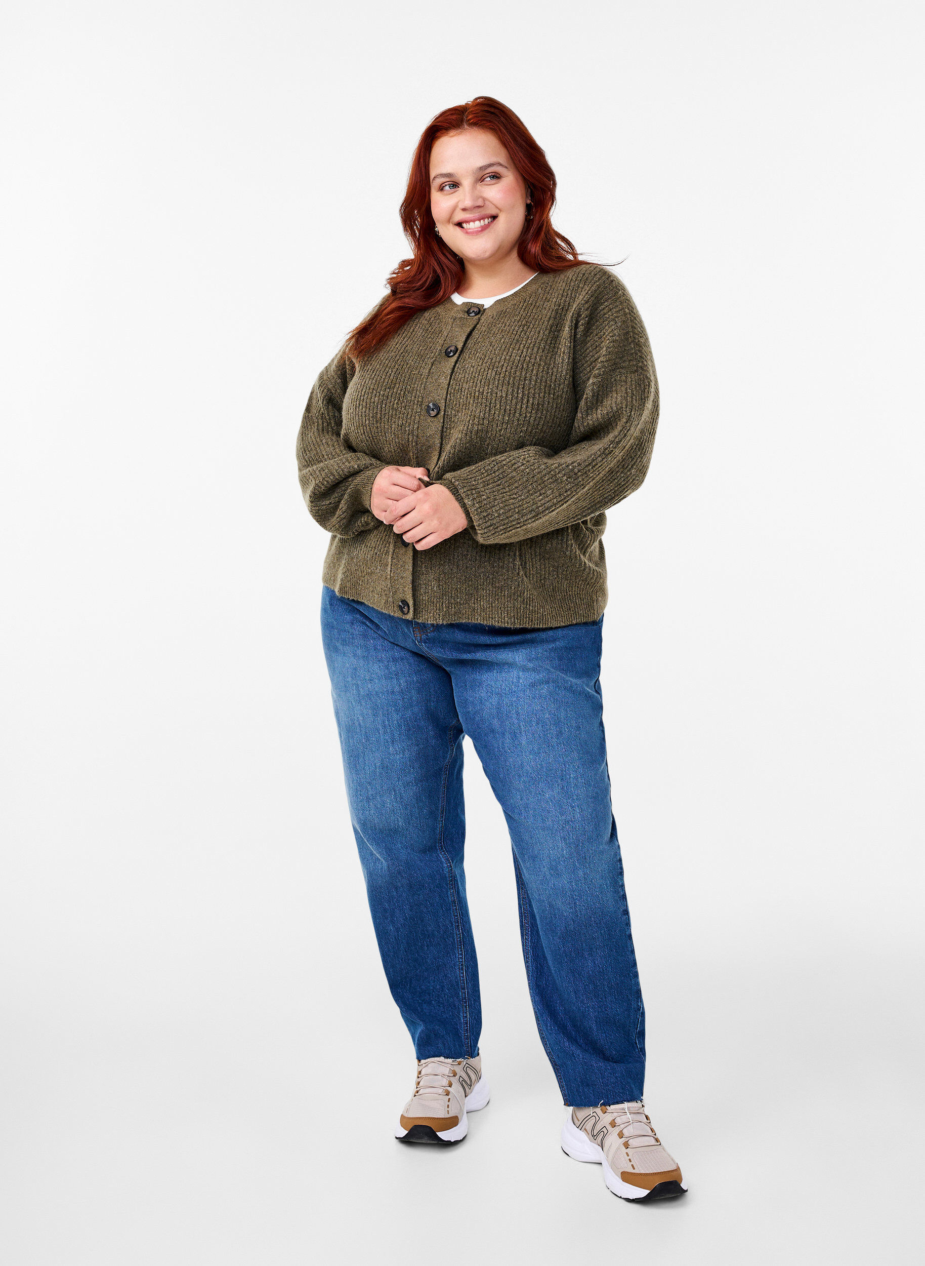 Zizzi Ribbineuloksesta valmistettu neuletakki napeilla, Vihre&auml;, Model image number 1