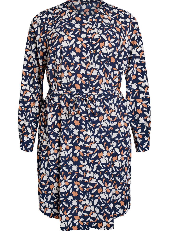 Pitkähihainen paitamekko solmittavalla vyöllä, Sininen, Packshot image number 0