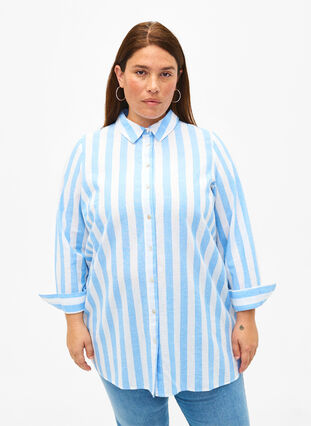 Pitkä paita pellavasta ja puuvillasta, Blue White Stripe, Model image number 0