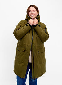 Käytännöllinen talvitakki, jossa huppu ja taskut, Winter Moss, Model