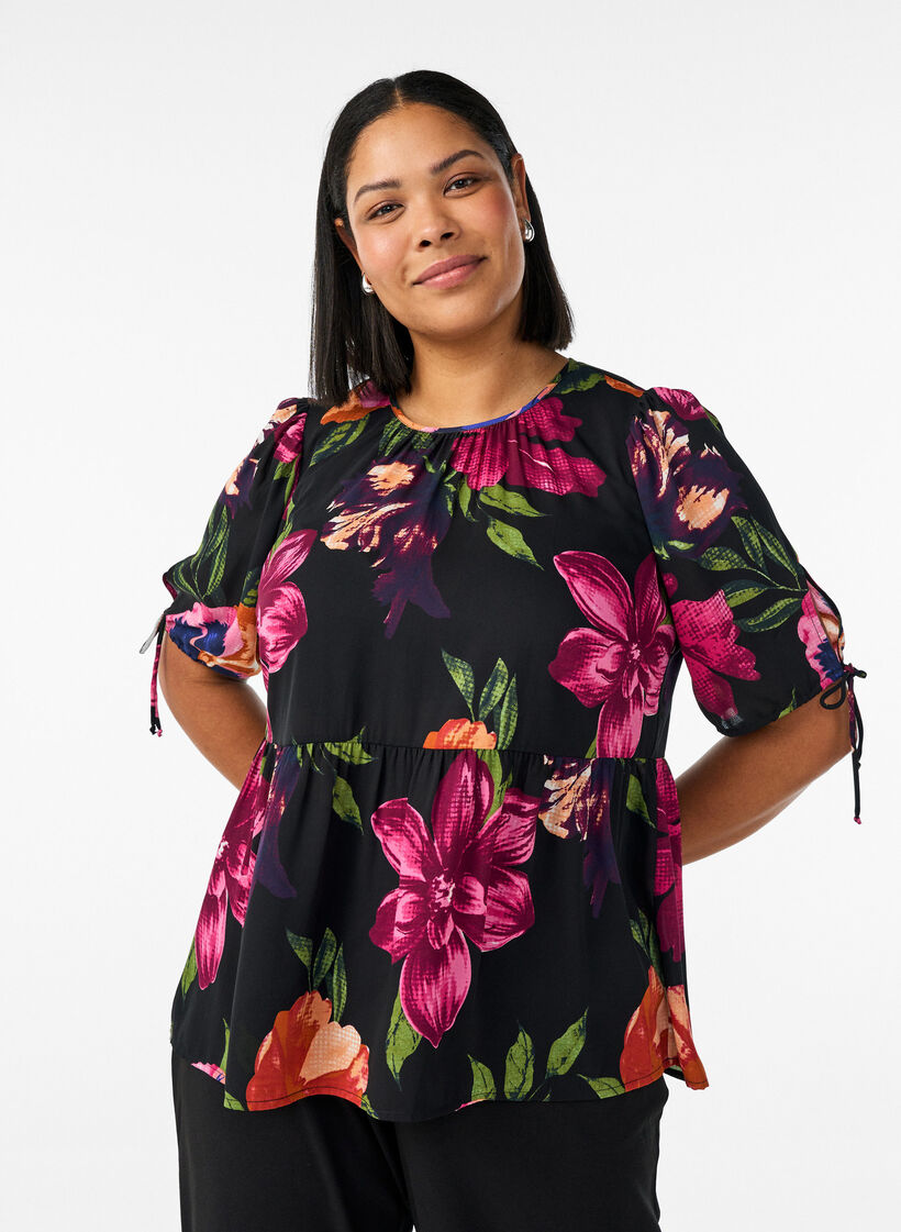 Kukkakuvioitu pusero ja peplum-malli, Musta, Model image number 0