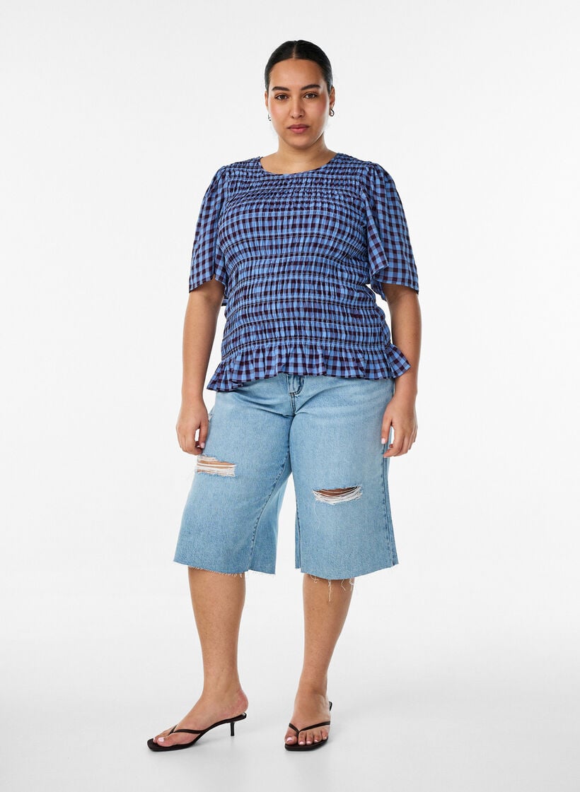 Smokkiblouse gingham -ruudullisella kuosilla ja r&ouml;yhel&ouml;helmalla, Sininen, Model image number 1