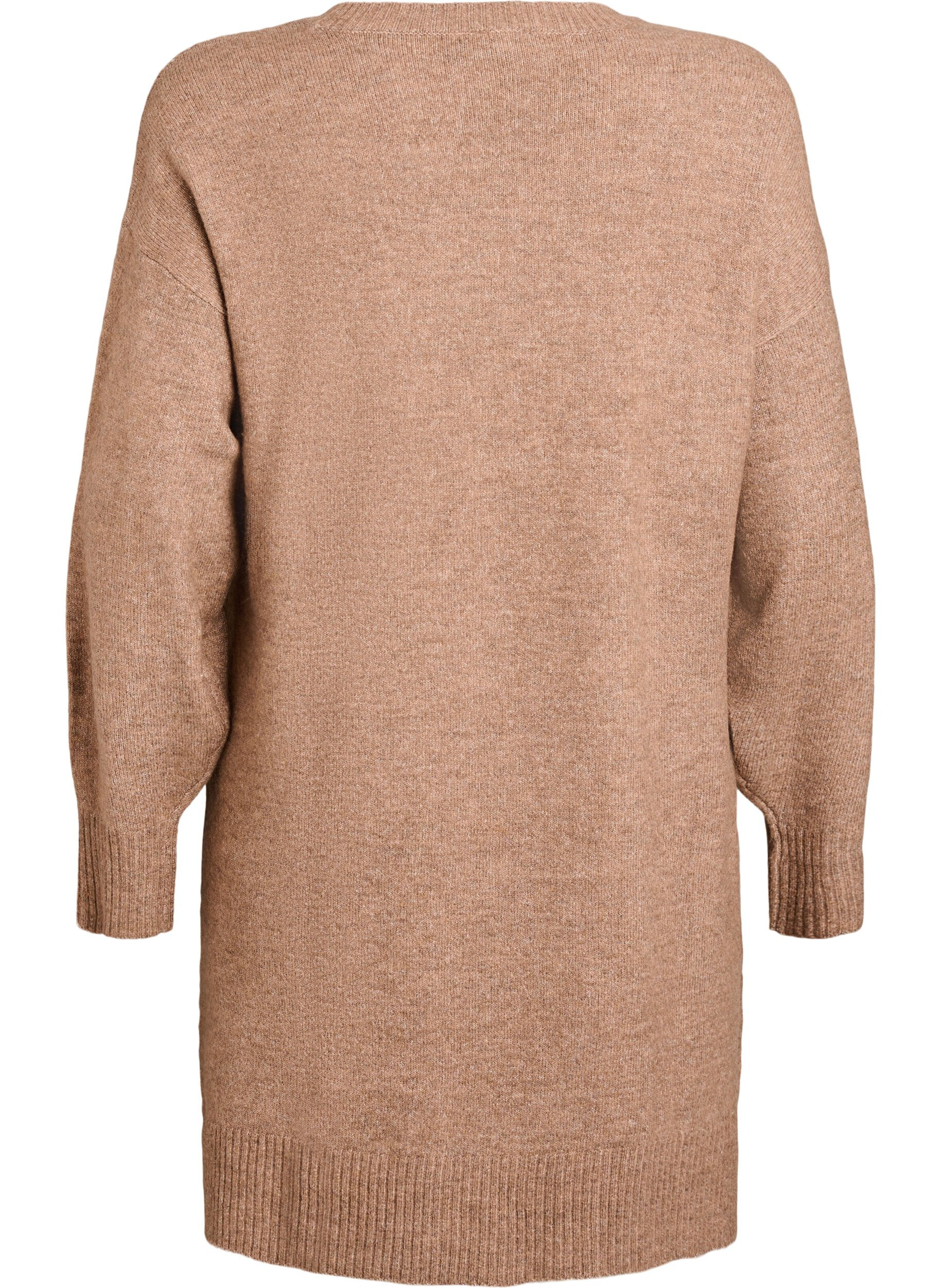 ZizziLyhyt neulemekko V-muotoisella tekstuurikuviolla, Ruskea, Packshot image number 1