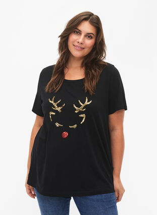Jouluinen T-paita paljeteilla, Black W. Reindeer, Model image number 0