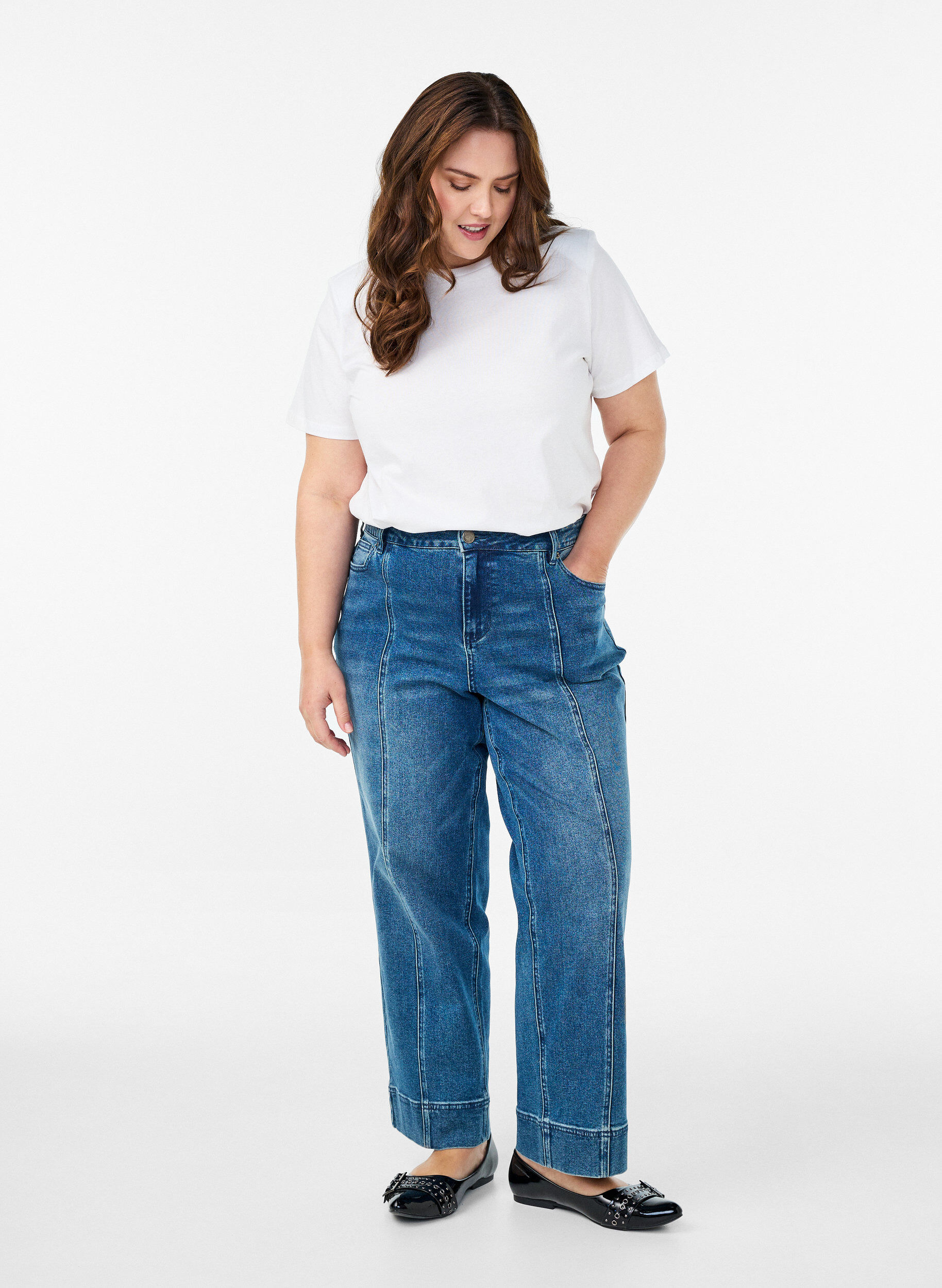 Zizzi Peruspuuvillainen t-paita olkatoppauksilla, Valkoinen, Model image number 1