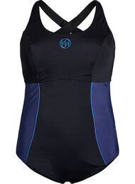 Urheilu-uimapuku ristikkäisillä olkaimilla, Musta