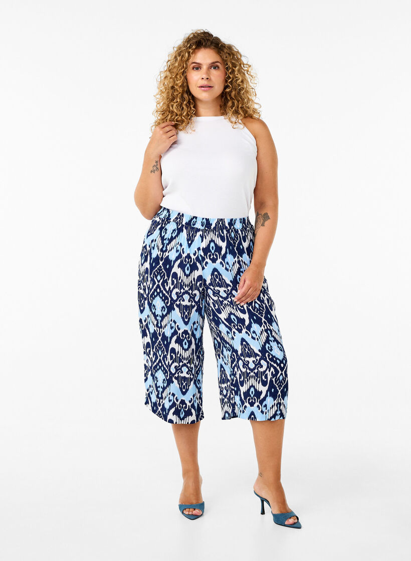 Culotte-housut viskoosia painatuksella, Blue Ethnic AOP, Model image number 0