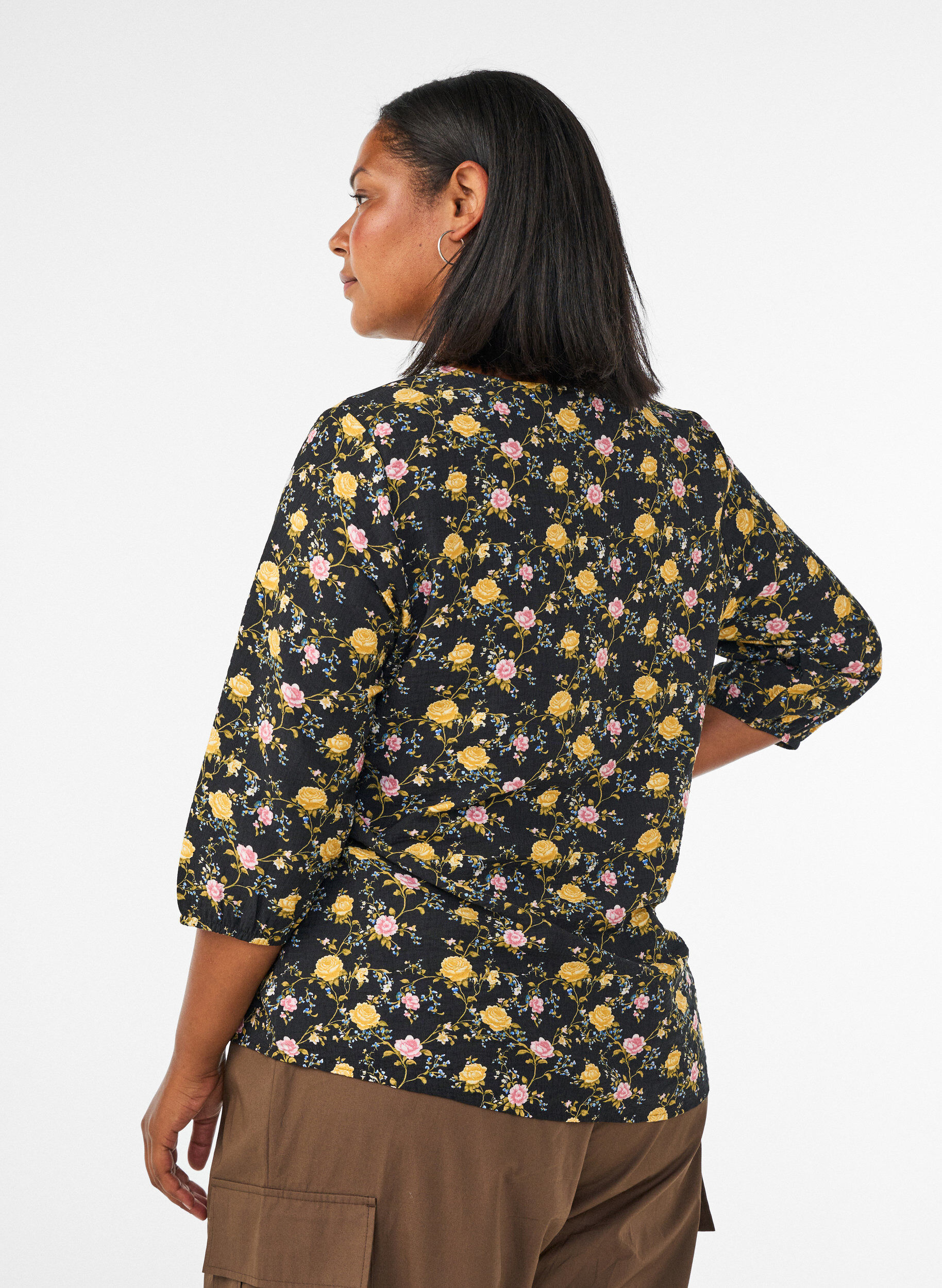 ZizziKuviollinen viskoosipusero 3/4-hihoilla, Musta, Model image number 2