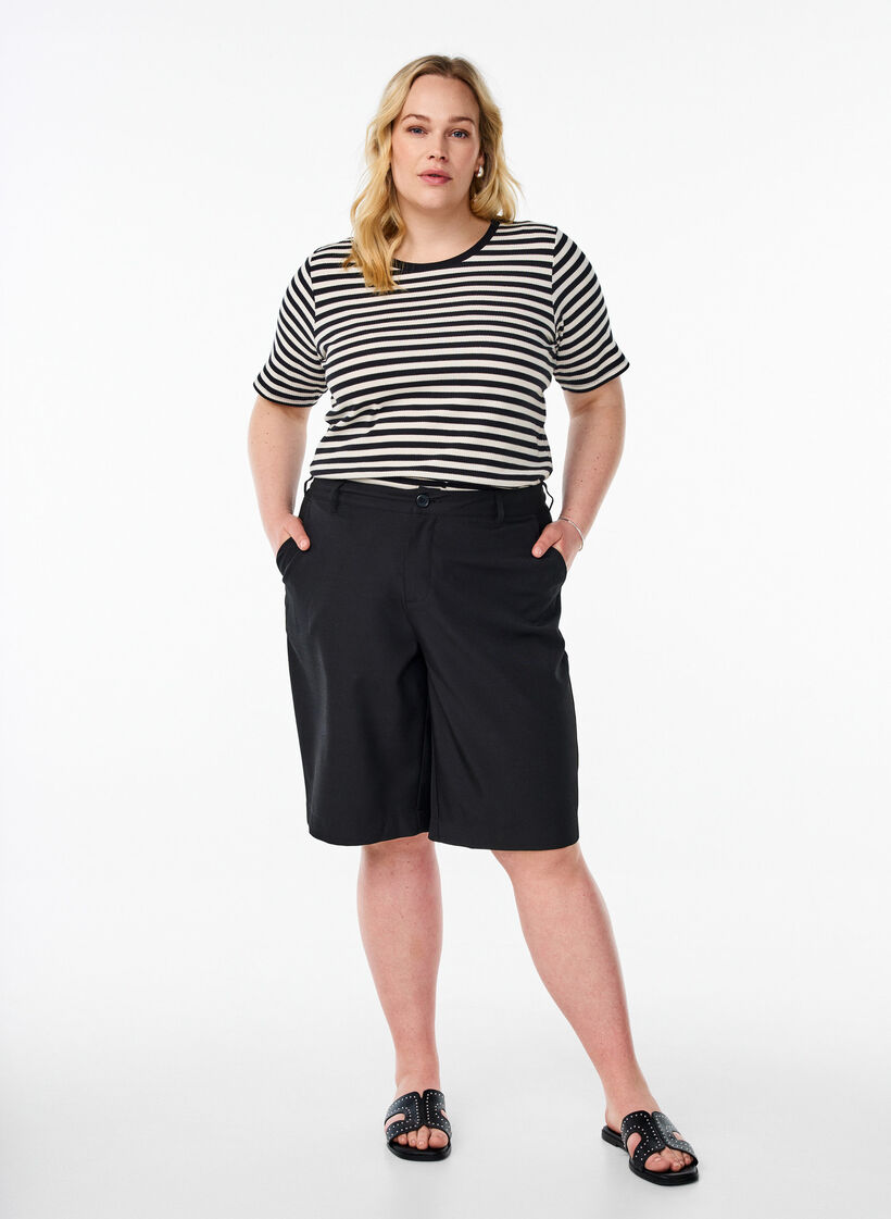 Raidallinen ribattu T-paita, Musta, Model image number 1