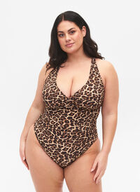 Uimapuku ristikkäisellä selällä ja irrotettavilla toppauksilla, Leopard Print, Model
