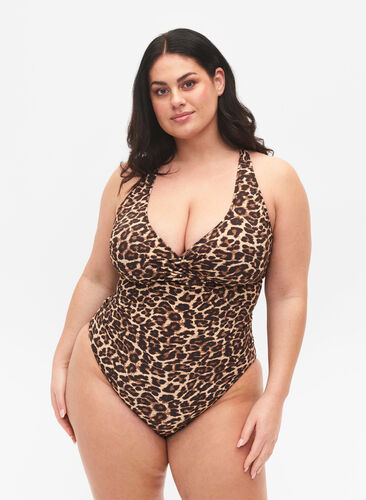 Uimapuku ristikkäisellä selällä ja irrotettavilla toppauksilla, Leopard Print, Model image number 0