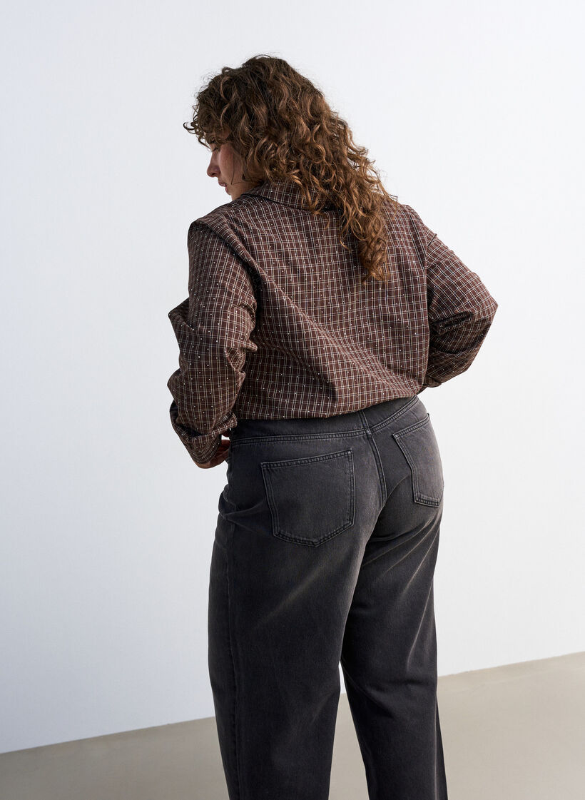 Ruudullinen paita strasseilla, Ruskea, Model image number 2