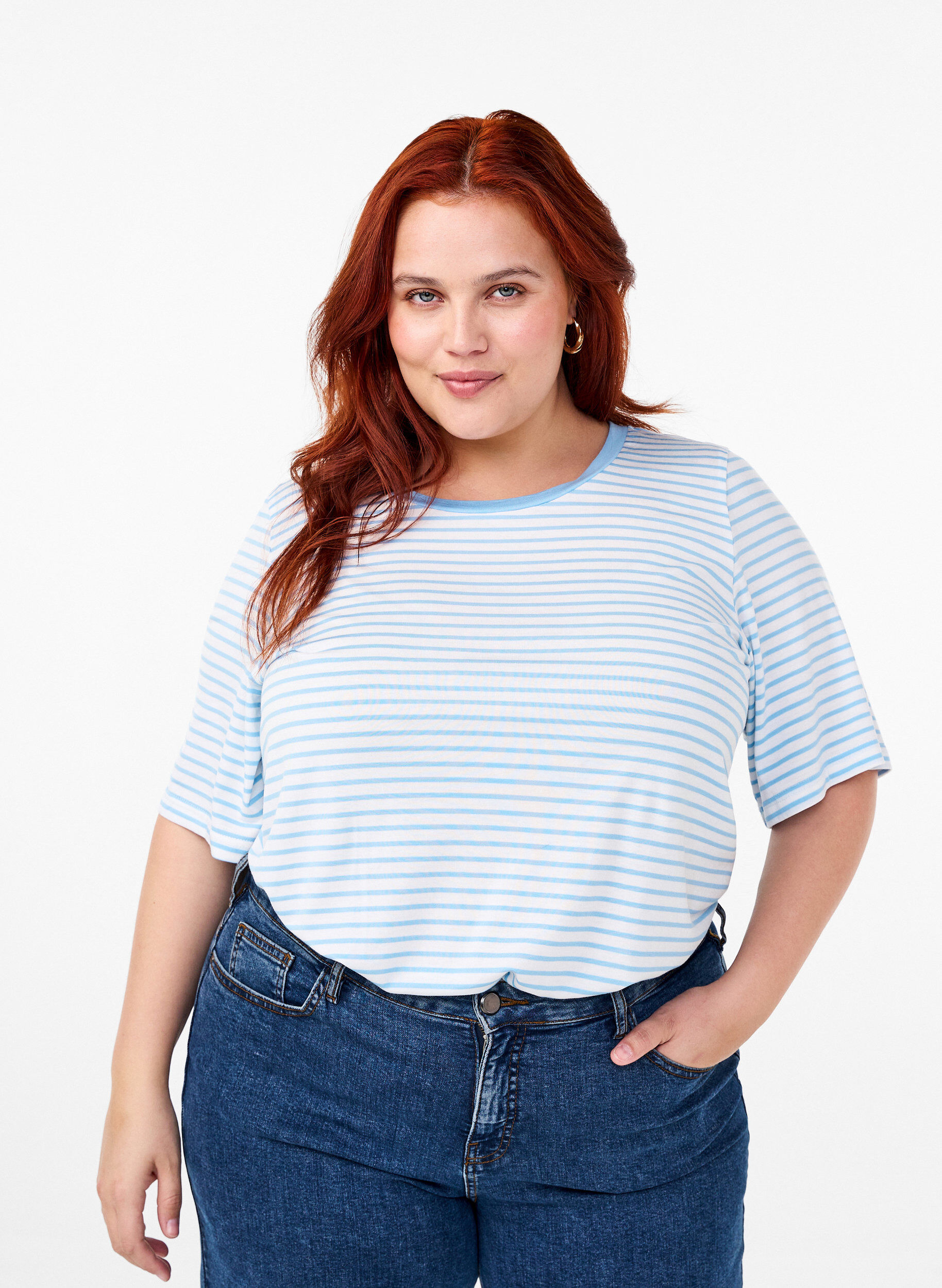 Zizzi Raidallinen t-paita lyocellia, jossa on py&ouml;re&auml; p&auml;&auml;ntie, Sininen, Model image number 0