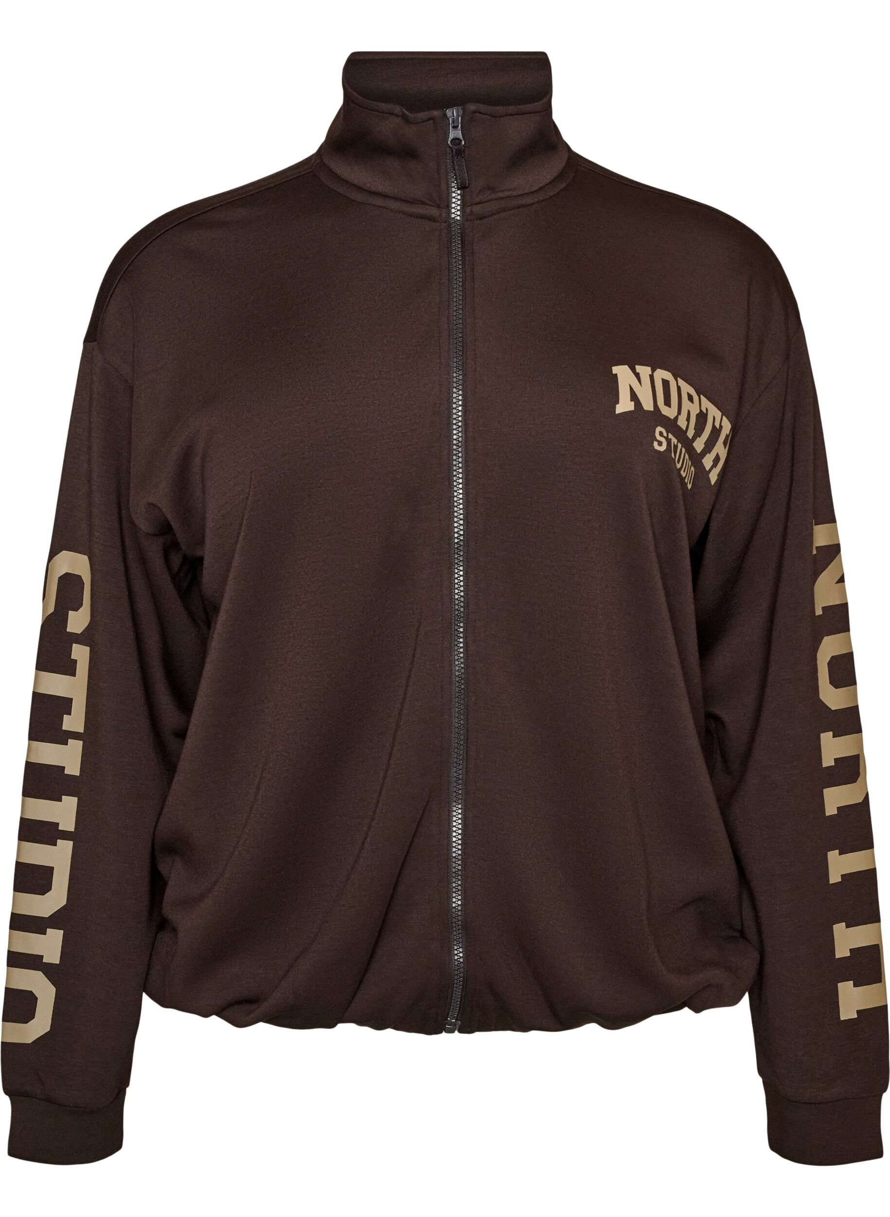 ZizziUrheilullinen bomber-neuletakki vetoketjulla ja korkealla kauluksella, Ruskea, Packshot image number 0