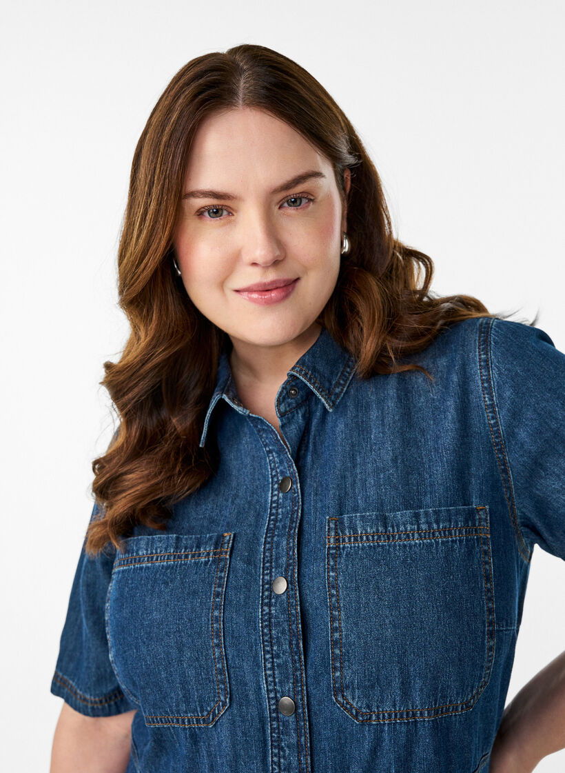 Lyhythihainen farkkupaitamekko, Sininen, Model image number 2