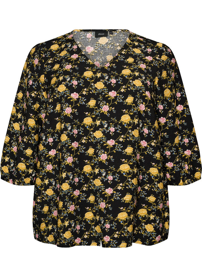 Kuviollinen viskoosipusero 3/4-hihoilla, Musta, Packshot image number 0