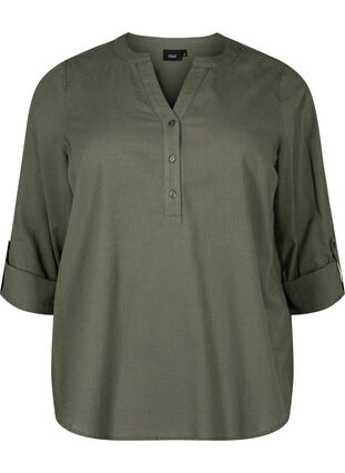 Puuvillainen paitapusero V-kaula-aukolla, Thyme, Packshot image number 0