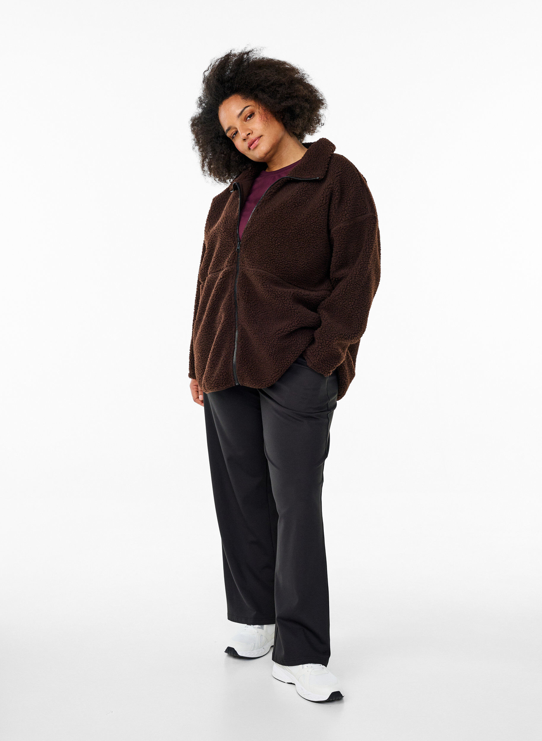 Zizzi Urheilullinen teddy-fleecetakki vetoketjulla, Ruskea, Model image number 1