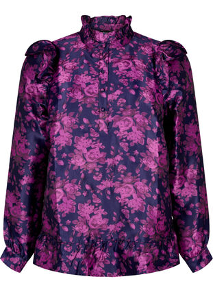 Kukkakuvioitu röyhelöpusero jakardikangasta, Dark Blue Pink, Packshot image number 0