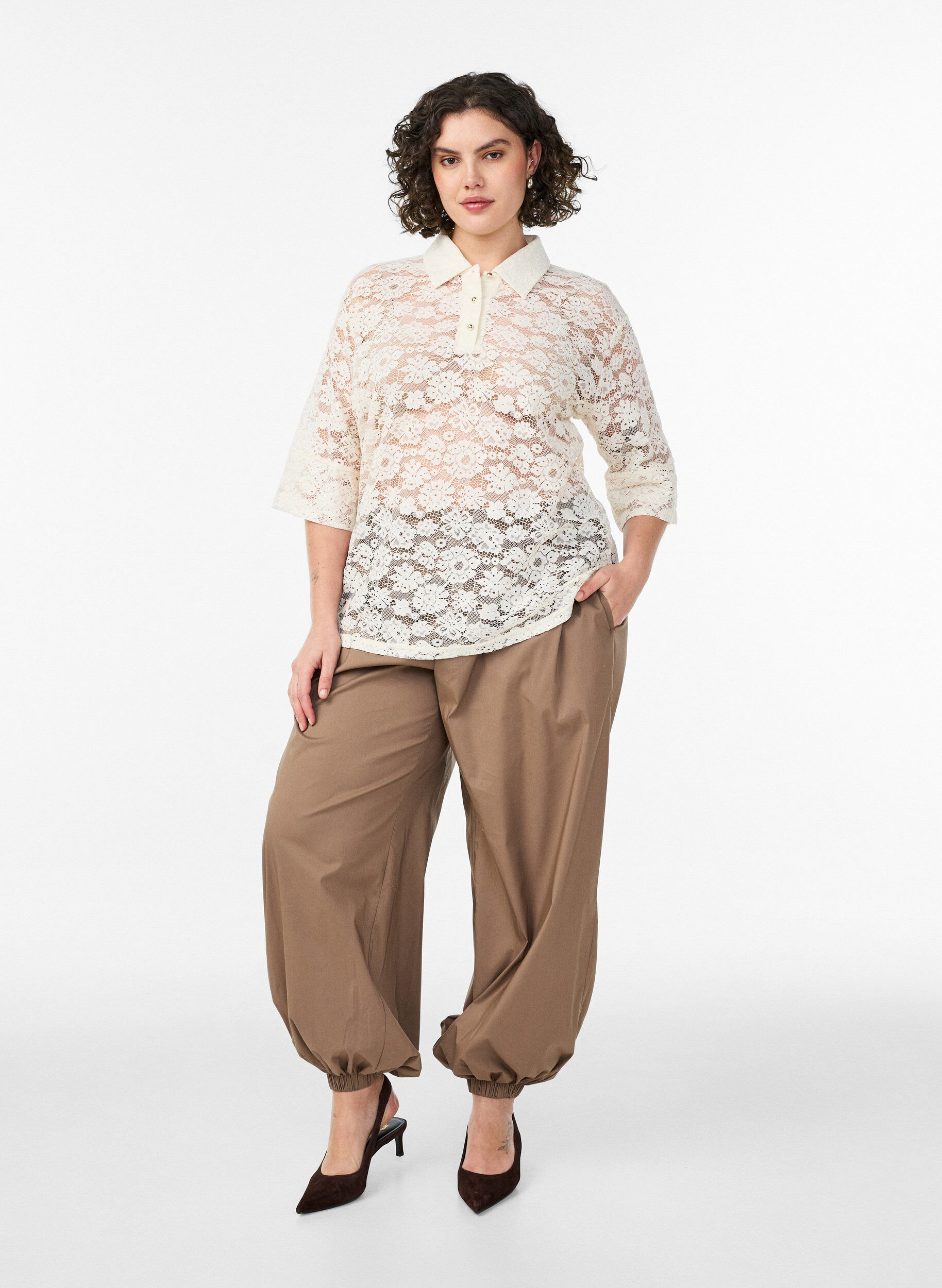 Zizzi Pitsipusero kauluksella ja 1/2-hihoilla, Vanilja, Model image number 1