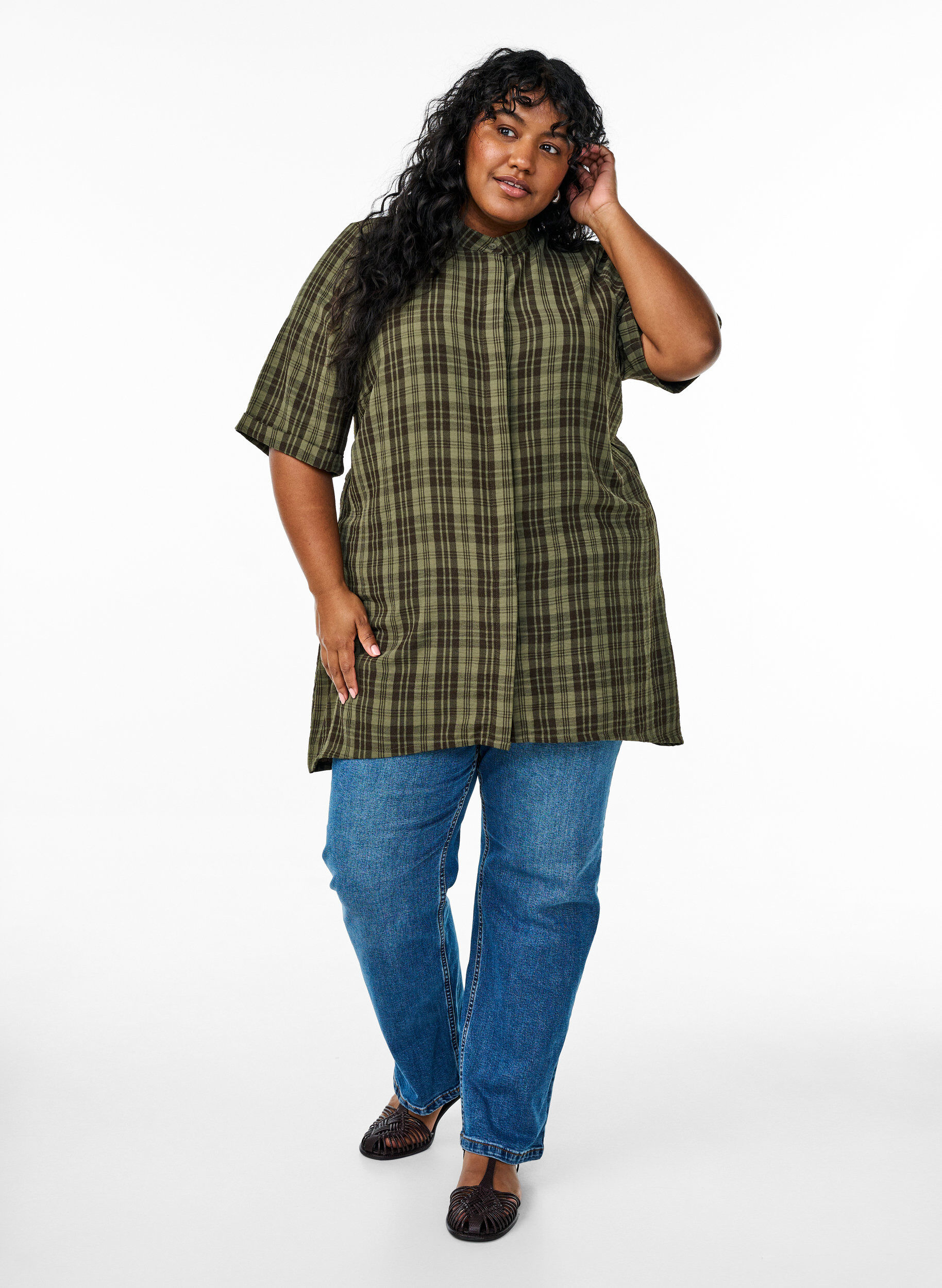 Zizzi Ruutukuvioinen tunika lyhyill&auml; hihoilla, Vihre&auml;, Model image number 1