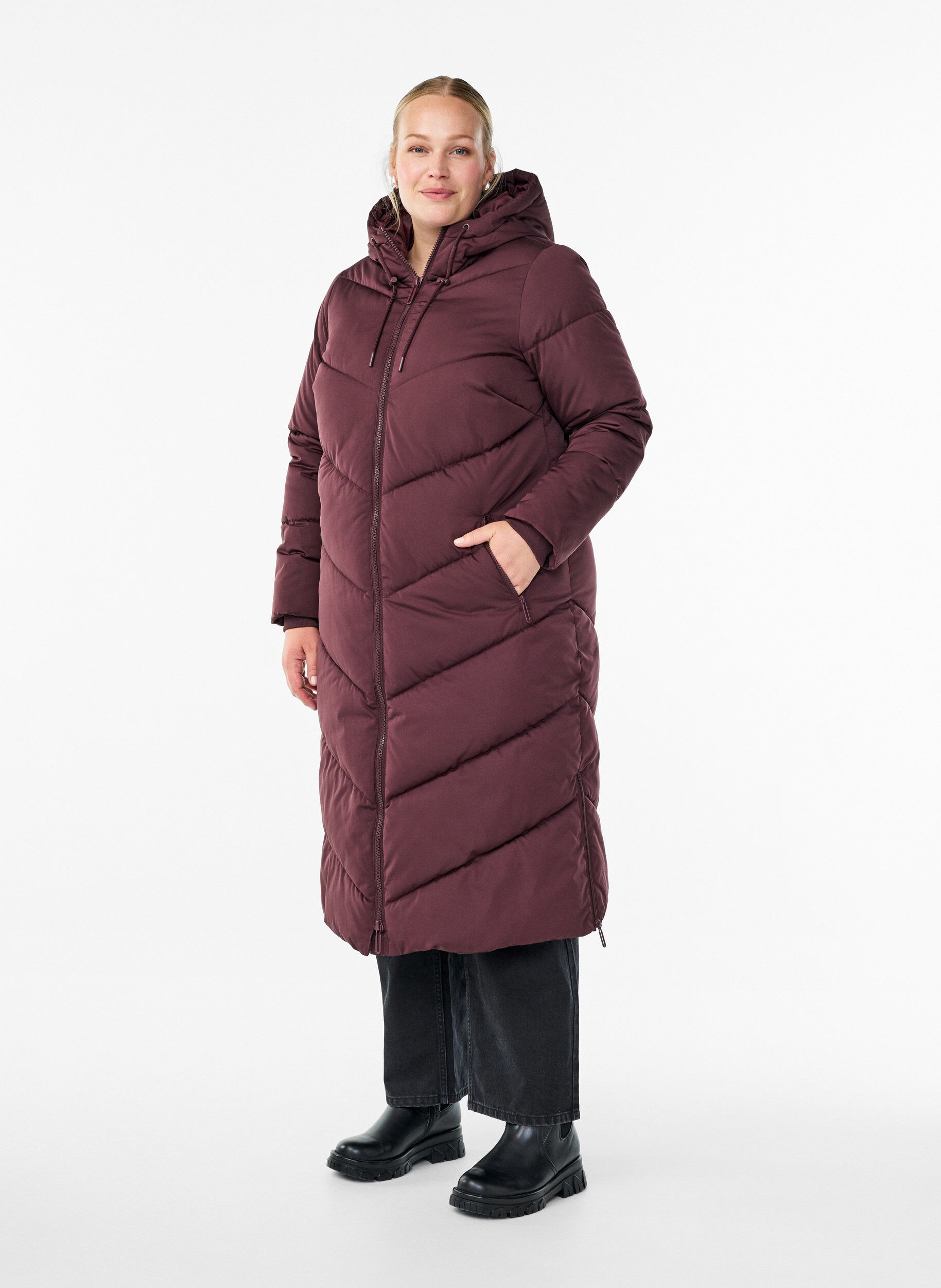 ZizziPitk&auml; toppatakki, jossa huppu ja taskut, Tumma Bordeaux, Model image number 0