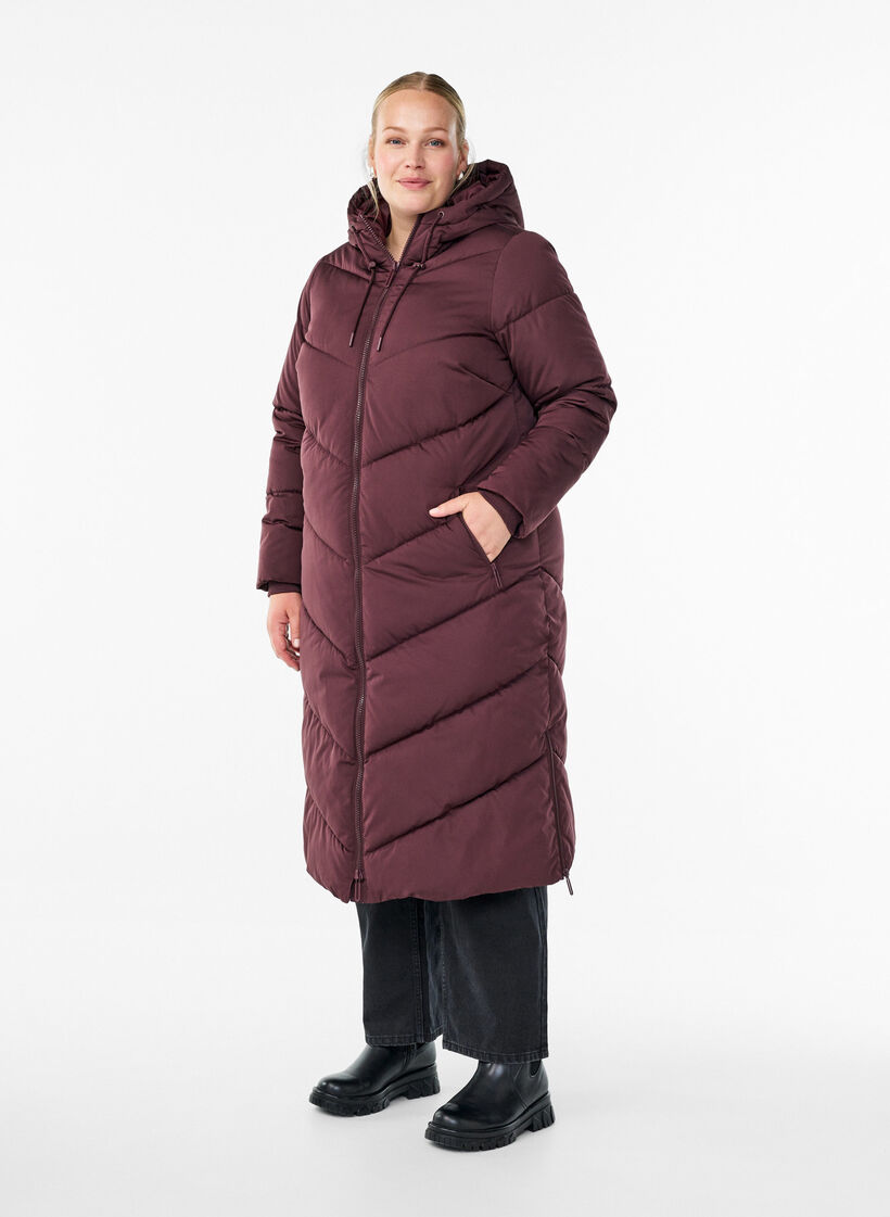 Pitk&auml; toppatakki, jossa huppu ja taskut, Tumma Bordeaux, Model image number 0
