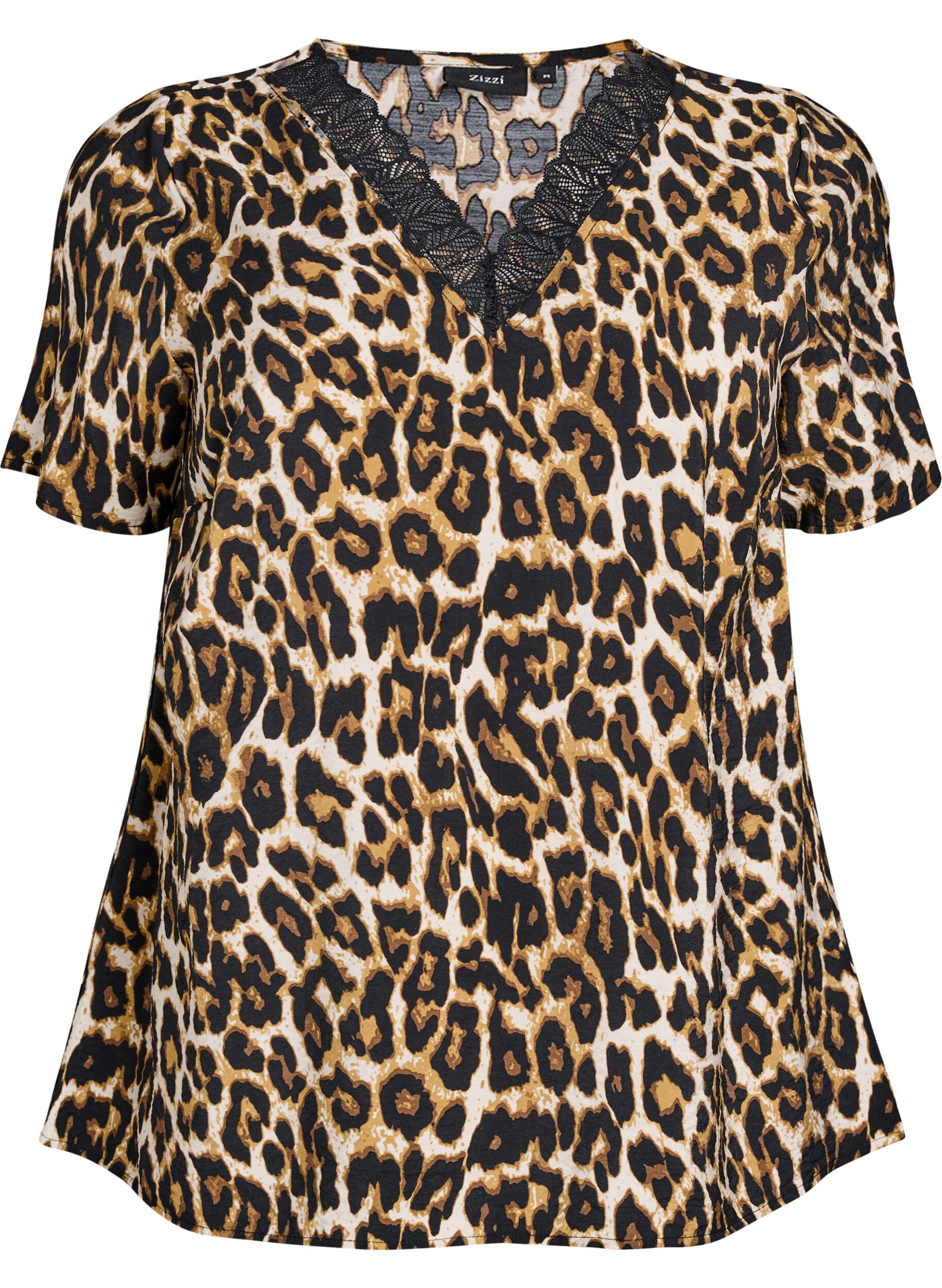 Lyhythihainen viskoosipusero, jossa on pitsikoristeet