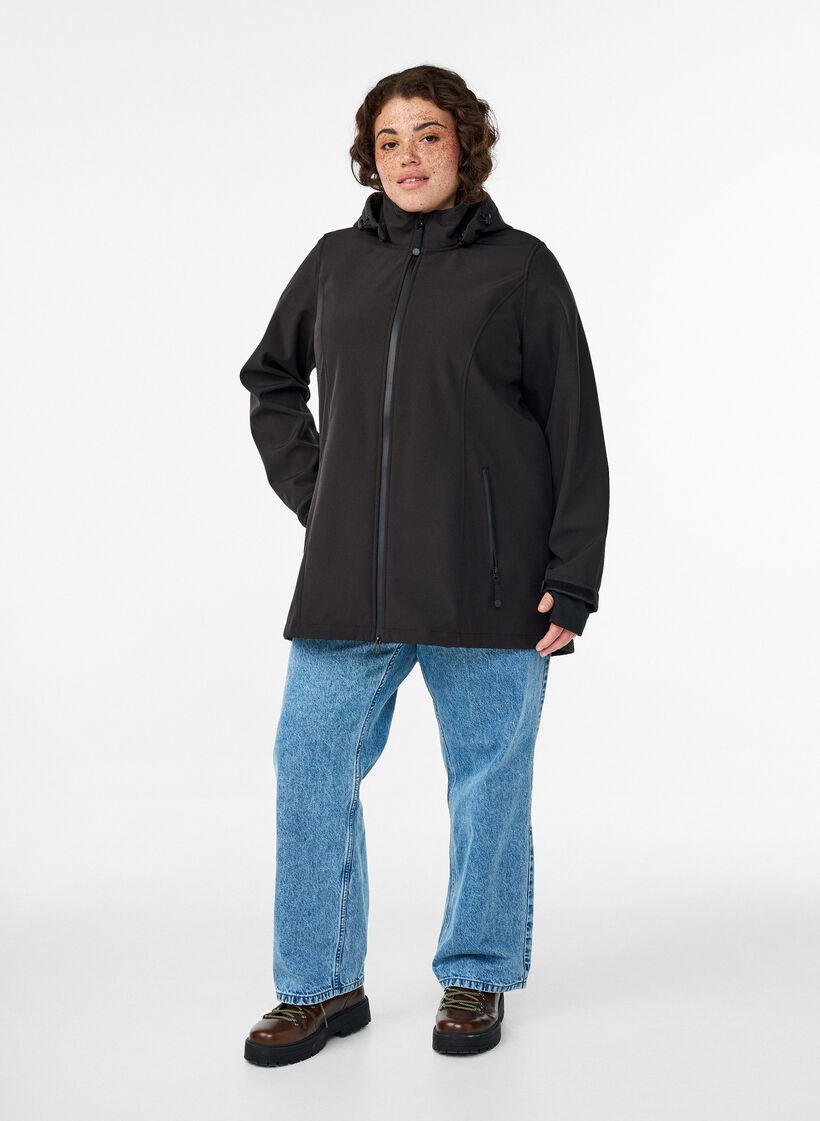 Lyhyt softshell-takki irroitettavalla hupulla, Musta, Model image number 1