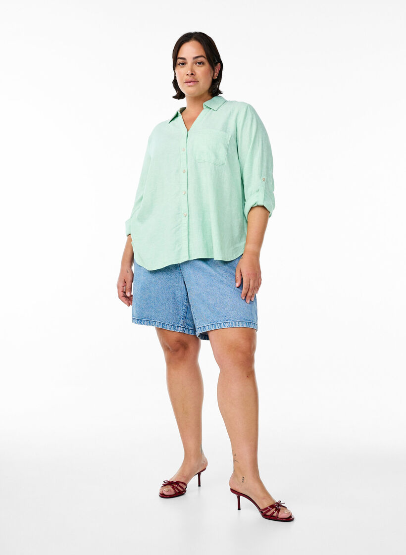Paita pellavaa ja viskoosia, 3/4-hihoilla, Vihre&auml;, Model image number 1