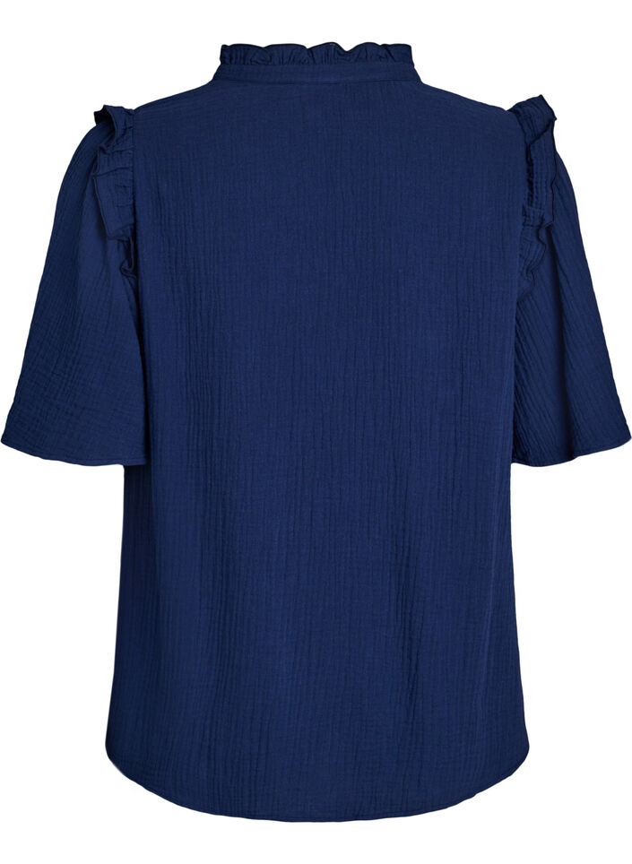 Puuvillamusliinipusero broderie anglaise -kirjonnalla ja 1/2-hihoilla, Sininen, Packshot image number 1