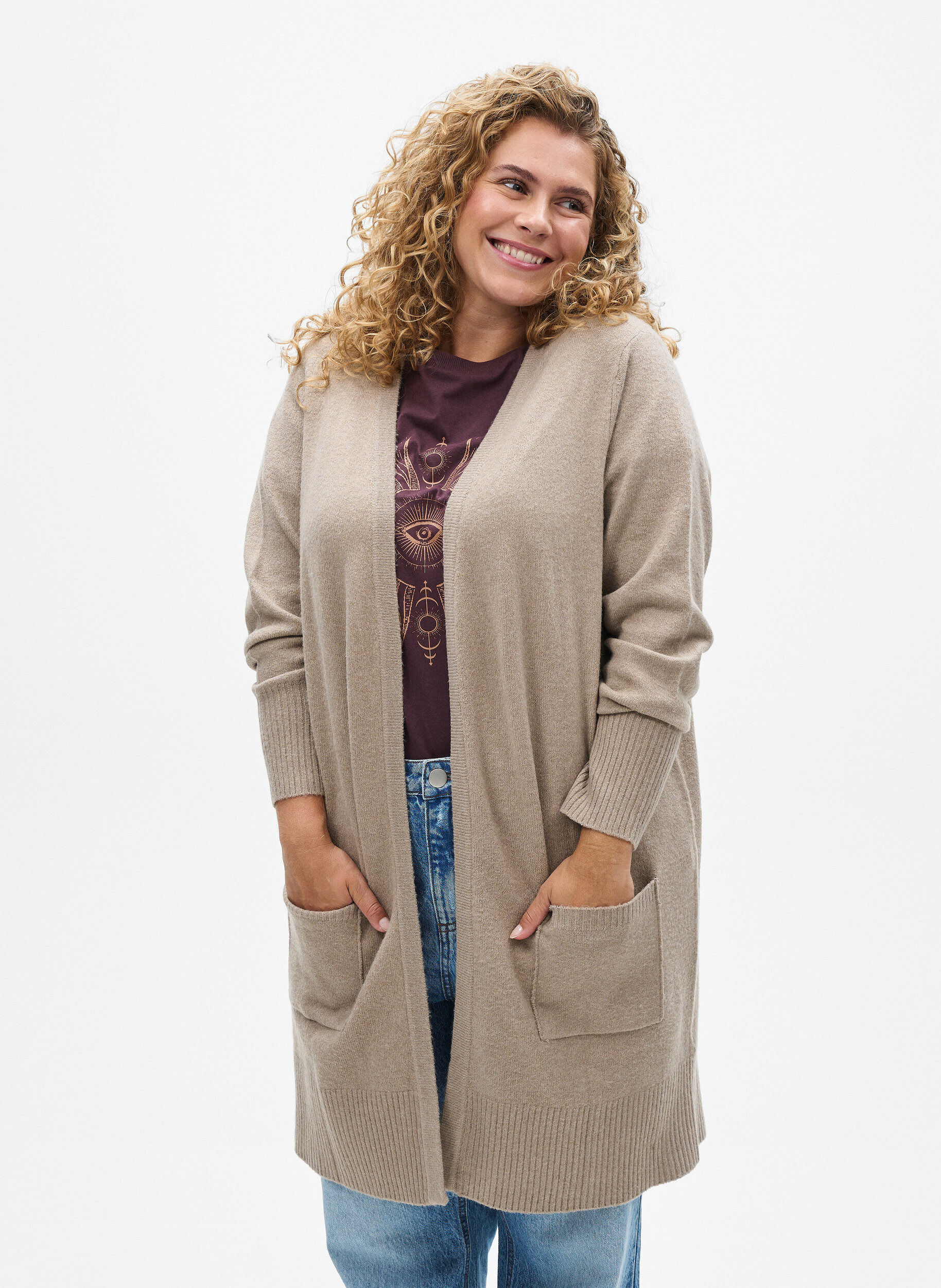 ZizziJoustinneuletakki taskuilla, Beige, Model image number 0